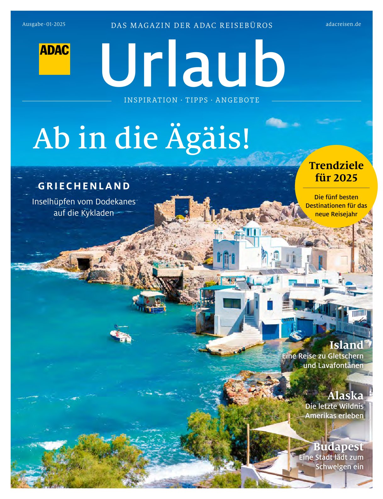 Titelblatt des ADAC Urlaubsmagazins; malerische Küstenlandschaft von Griechenland.