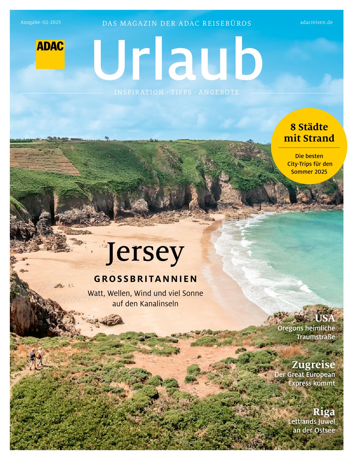 Titelbild einer Zeitschrift, die einen sonnigen Strand auf Jersey mit Klippen zeigt.