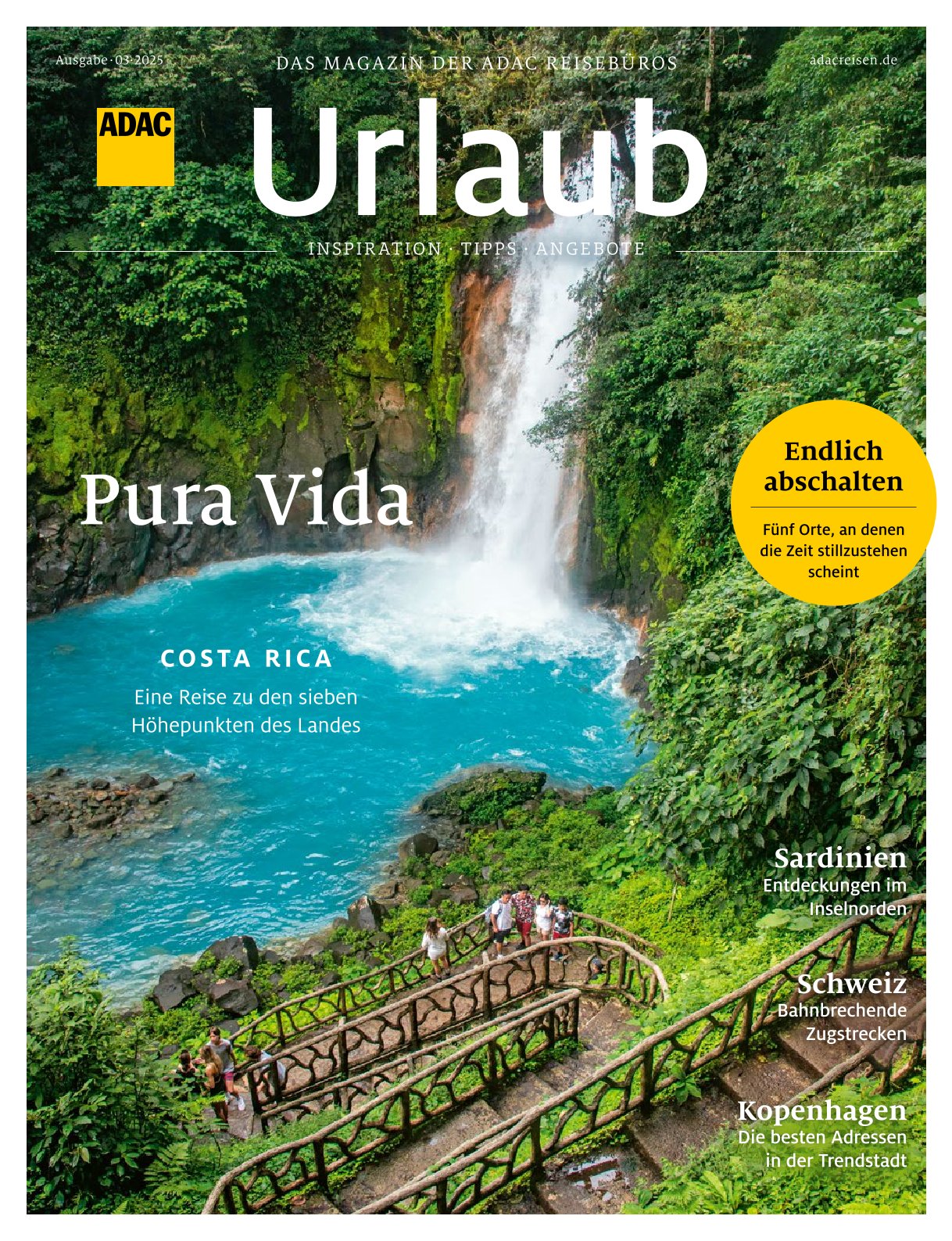 Titelbild des Magazins mit Wasserfall in üppigem, grünem Dschungel, blauer Fluss, Holzsteg.