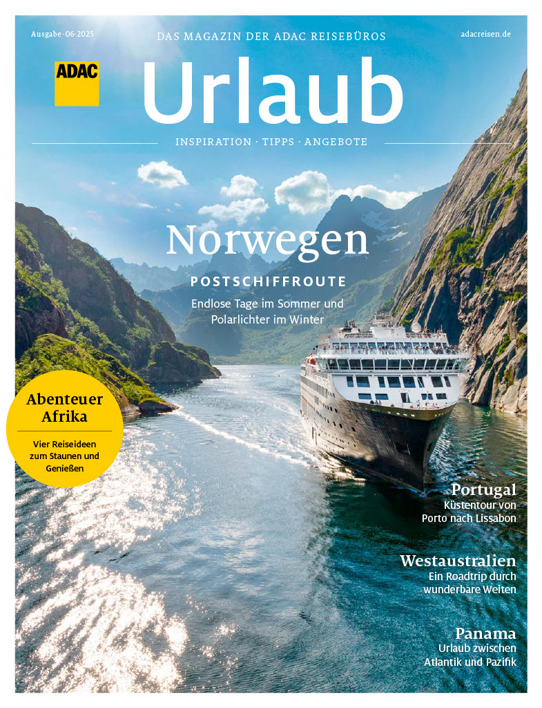 Ein großes Kreuzfahrtschiff fährt durch einen engen norwegischen Fjord mit steilen grünen Bergen