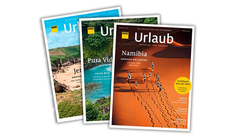 Drei ADAC-Urlaubsmagazine, Titel: 'Jerusalem', 'Pura Vida', 'Namibia', mit eindrucksvollen Covern.