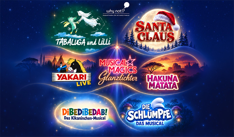 Buntes Plakat mit strahlenden Logos verschiedener Musicals und fantasievoller Kulissen
