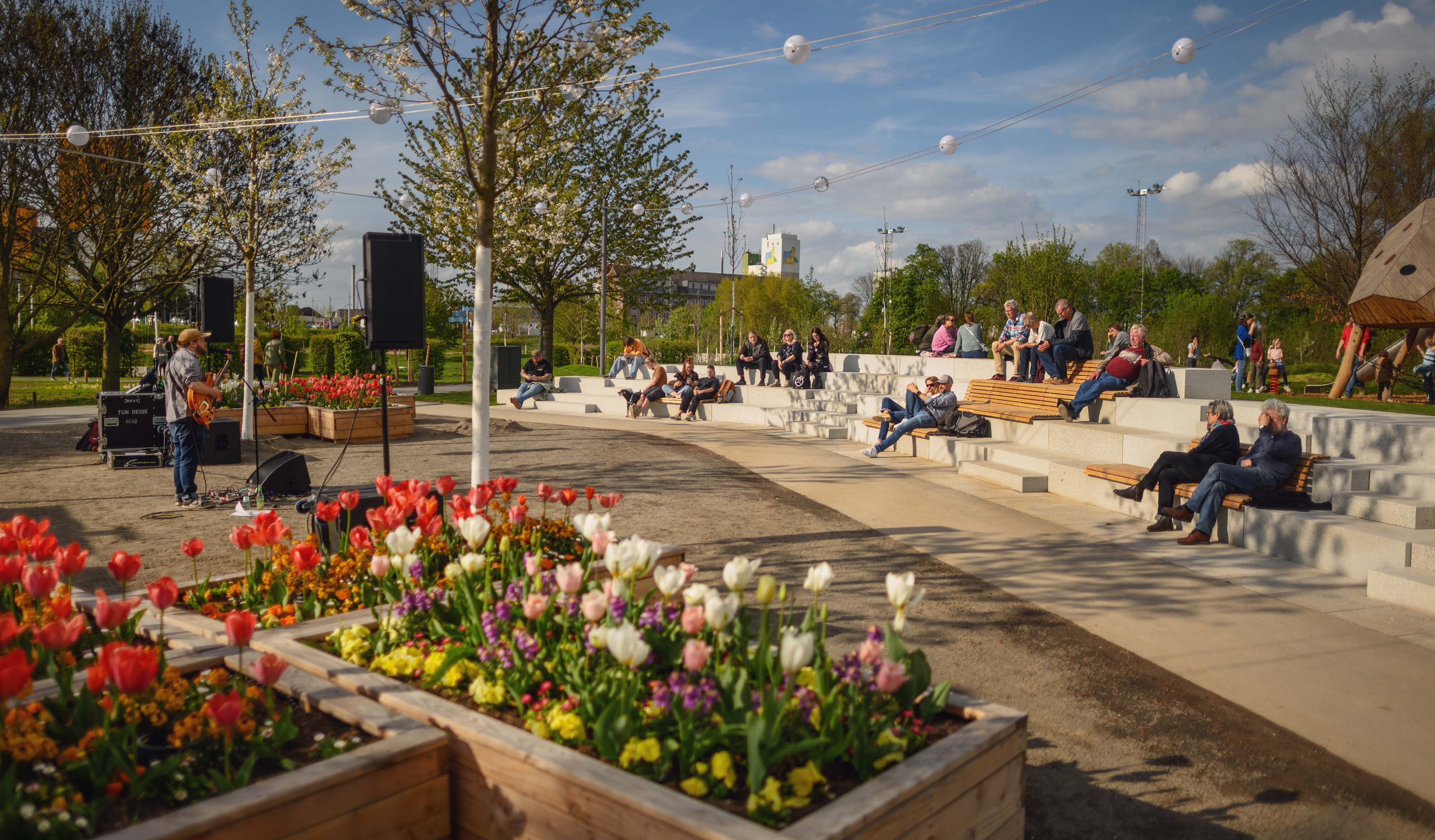 Eine Gruppe Menschen sitzt entspannt in einem Park mit bunten Blumen und hört Musik