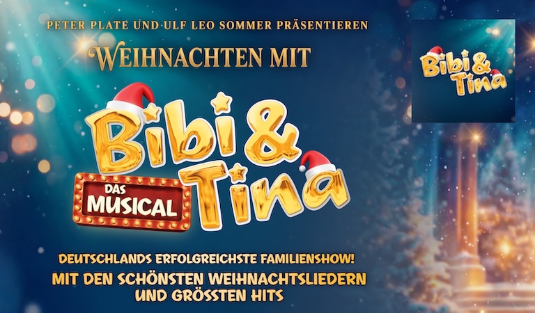 Plakat mit fröhlichem Bibi und Tina Schriftzug in Gelb und roter Weihnachtsmütze auf funkelndem Hintergrund