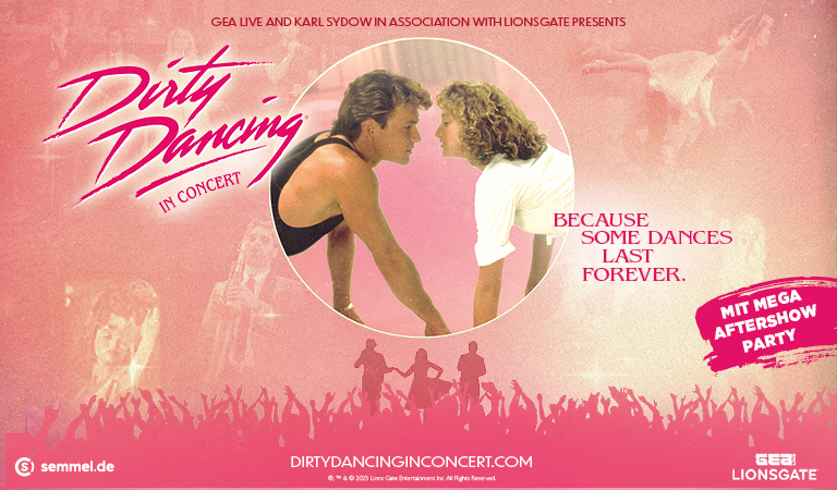 Zwei tanzende Personen schauen sich intensiv an, vor rosafarbenem Hintergrund