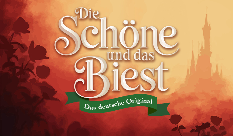 Plakat mit romantischem Schriftzug Die Schöne und das Biest vor Schloss im Sonnenuntergang