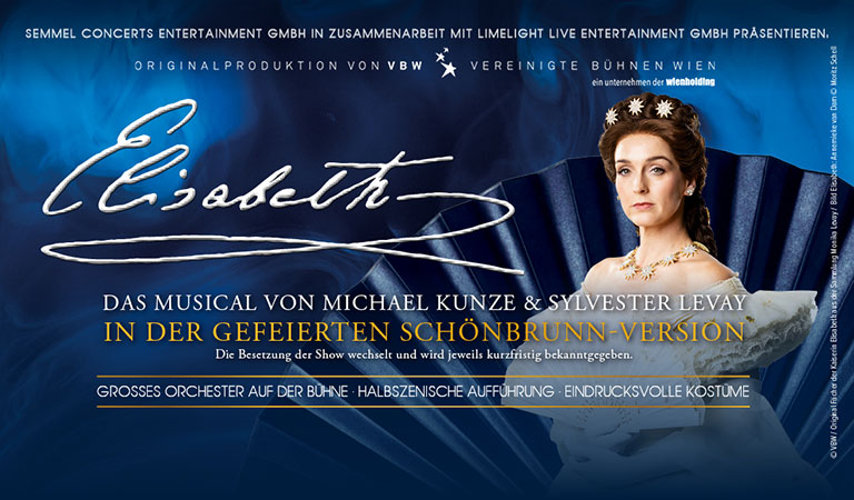 Promotionalplakat zu Elisabeth Musical, Frau in blauem Kleid, ernster Ausdruck, eleganter Stil.