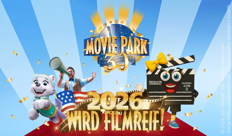 Ein fröhlicher Mann ruft in ein Megafon neben einer weißen Plüschfigur und einer Filmklappe vor buntem Hintergrund