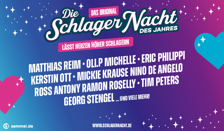 Buntes Plakat mit Herzsymbolen und Namen verschiedener Schlagersänger auf blauem Hintergrund