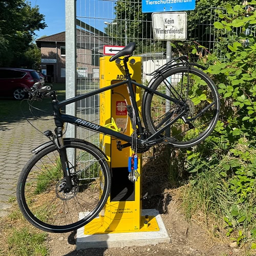 Ein schwarzes Fahrrad steht eingeparkt an einer gelben Fahrradstation in sonniger Umgebung.