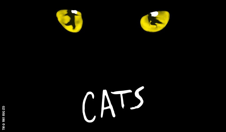 Gelbe Katzenaugen auf schwarzem Hintergrund, darunter das Wort "CATS" in weißer Schrift.