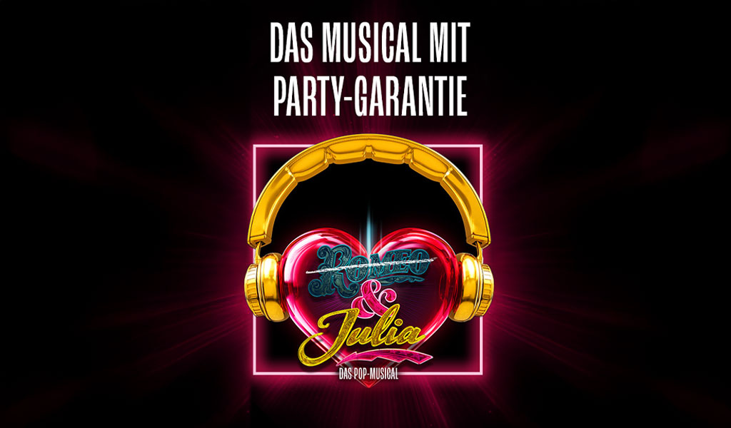 Buntes Musical-Poster: Herz mit goldenen Kopfhörern und Text "Das Musical mit Party-Garantie".