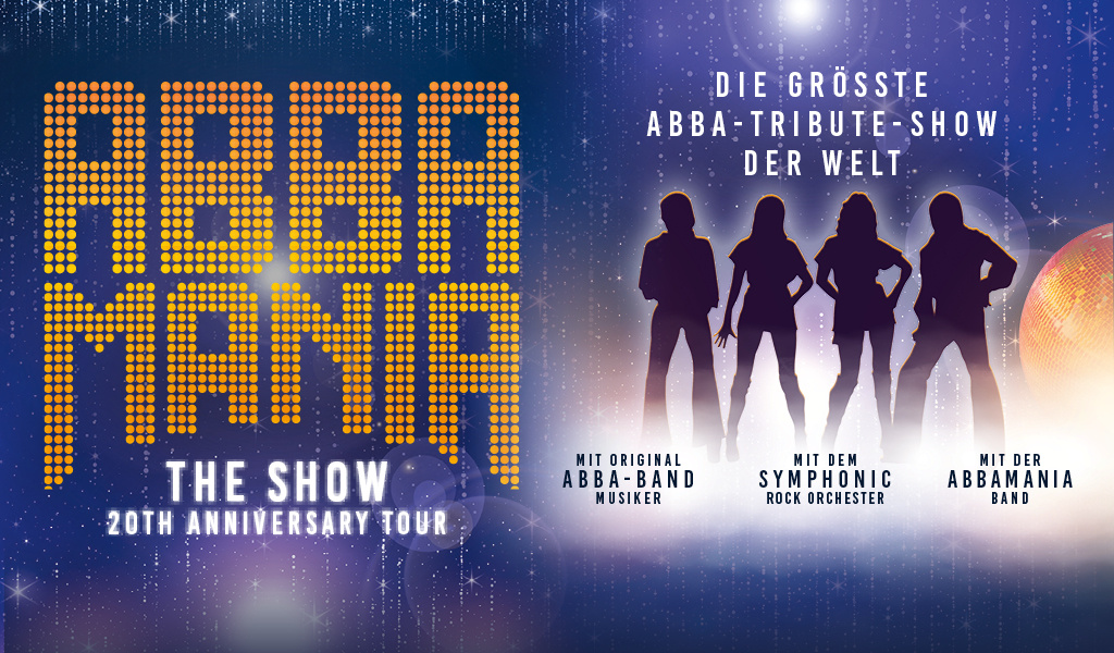 Silhouetten von vier Musikern, ABBA-Mania Poster, Neonfarben, Weltraumhintergrund.