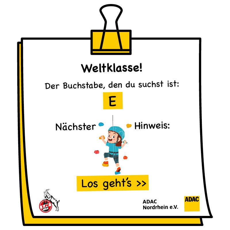 Zeichnung: Fröhliches Kind klettert, Text mit Buchstabe "E", Farben: Gelb/Weiß. Abenteuer-Thema.