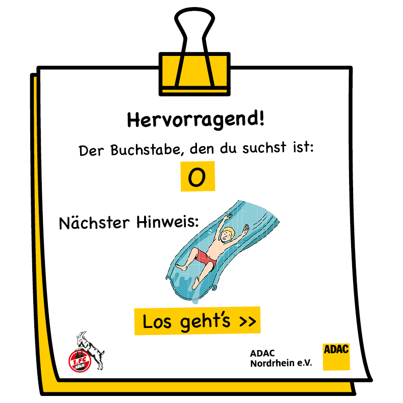 Notizblatt mit Buchstabe "O", lächelnde Figur auf Wasserrutsche, Text und Logos sichtbar.