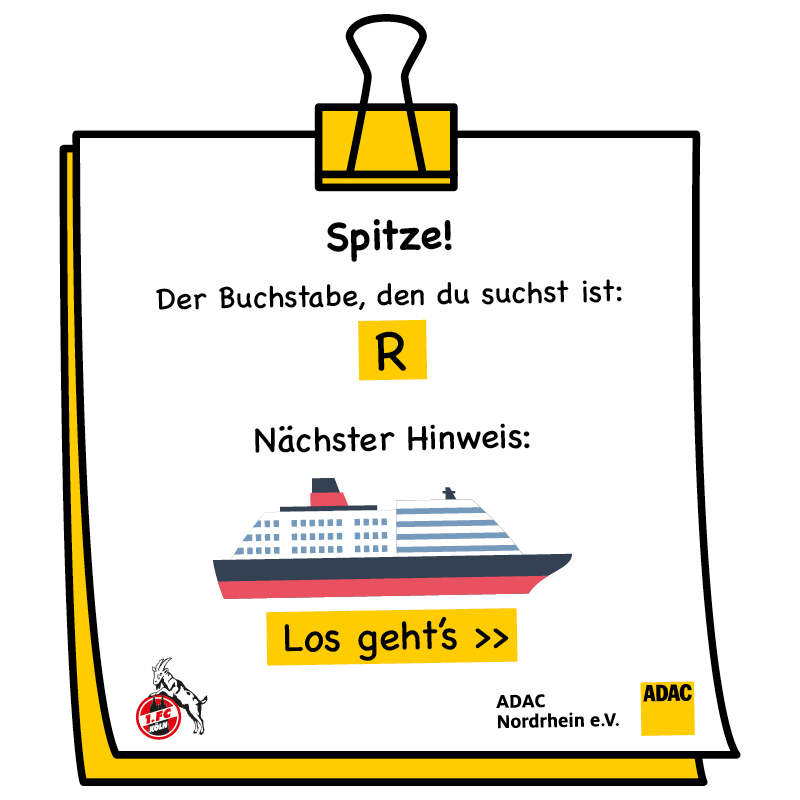Gelber Notizzettel mit Buchstabe 'R', Kreuzfahrtschiff-Illustration und "Los geht's"-Schaltfläche.