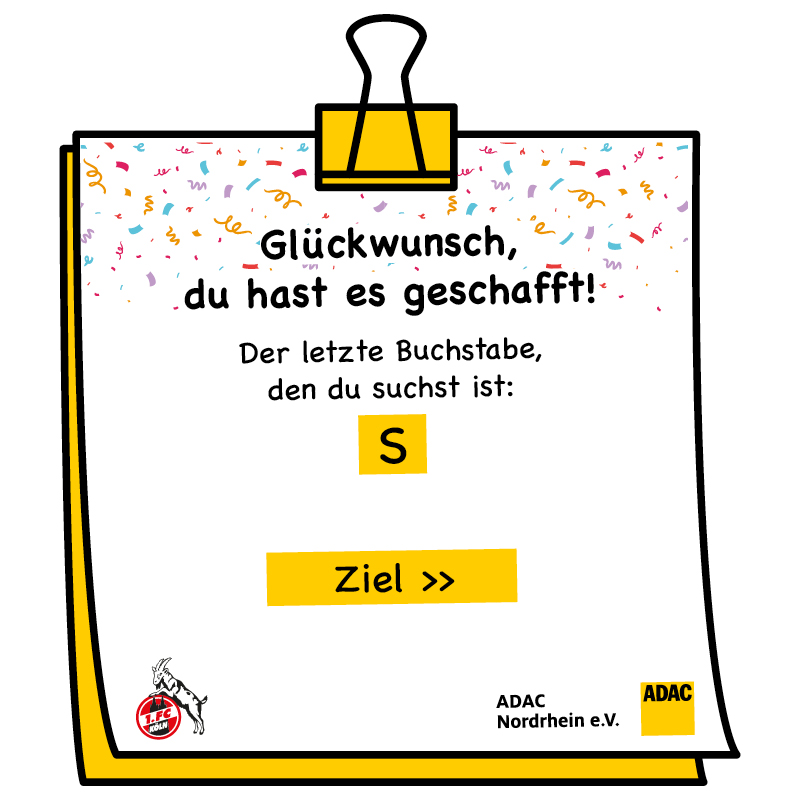 Papier mit Konfetti, Text "Glückwunsch, du hast es geschafft!", gelbe Umrandung, ADAC-Logo.