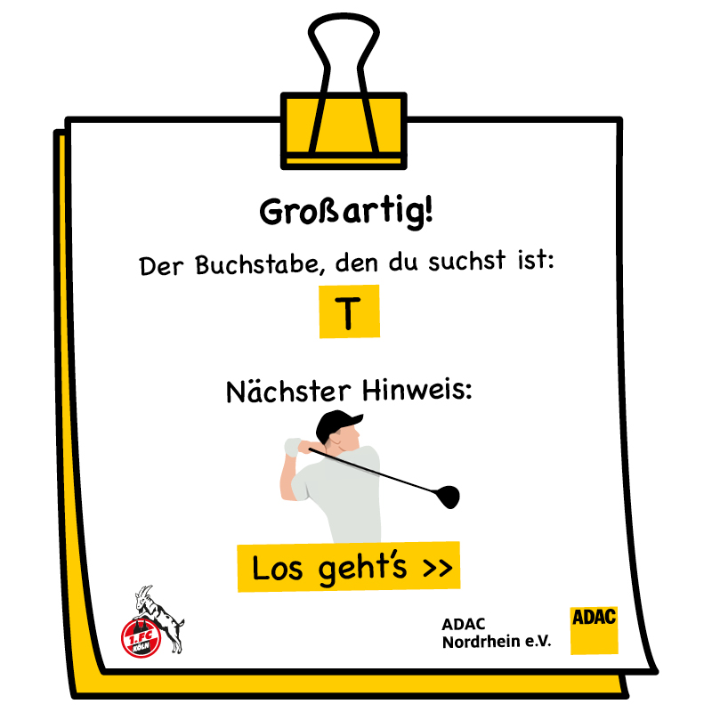 Karte mit gelbem Buchstaben T, Golfer-Illustration, ADAC-Logo, Text: "Los geht's >>".