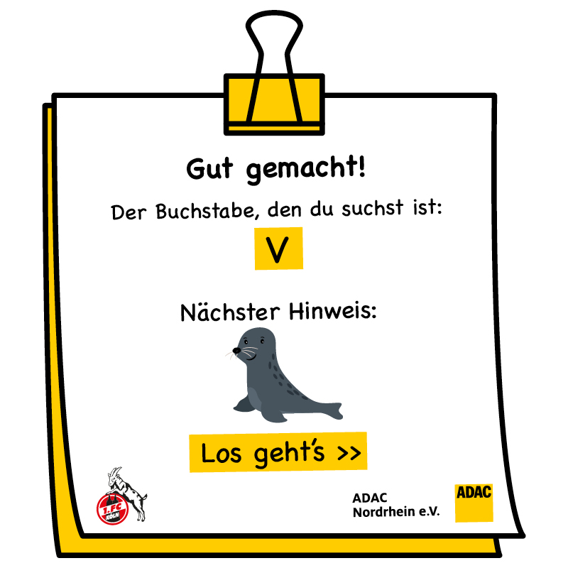Ein Notizzettel mit einem lächelnden Seehund. Buchstabe "V" hervorgehoben. Text: "Gut gemacht!"