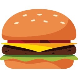 Hamburger-Illustration mit Salat, Käse, Fleischpastetchen und Sesambrötchen in kräftigen Farben.