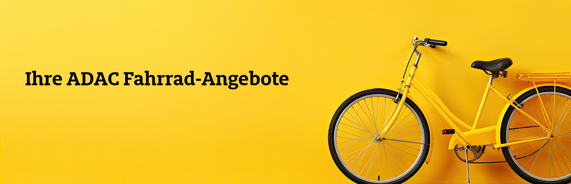 Ein gelbes Fahrrad vor gelber Wand mit schwarzem Text: "Ihre ADAC Fahrrad-Angebote".