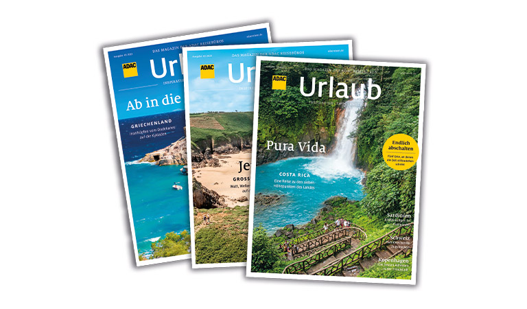 Drei ADAC-Reisemagazine mit Naturmotiven und Titel in leuchtenden Farben.