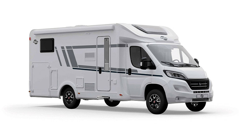 Weißes Wohnmobil von Dethleffs, moderne Gestaltung, graue Streifen, stilvoll und aerodynamisch.