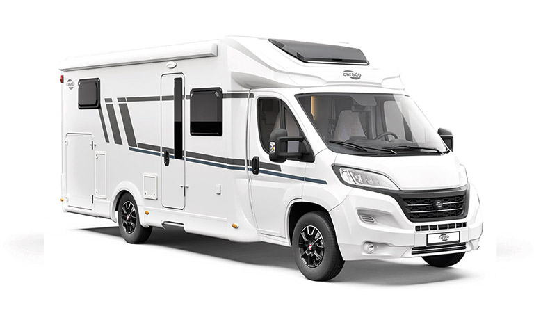 Ein weißes Wohnmobil mit blauen Streifen und einem schwarzen Dach.