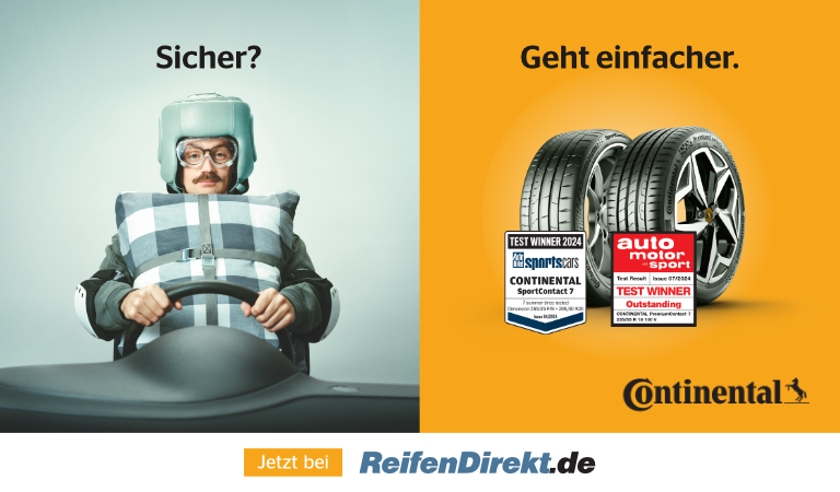 Mann mit Helm und Kissen, skeptischer Blick; zwei Reifen, Auszeichnungen; gelber Hintergrund.