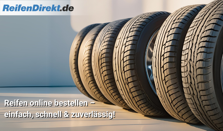 Reifenreihen in einem Showroom mit Werbetext auf Deutsch, Beleuchtung hebt Profil hervor.