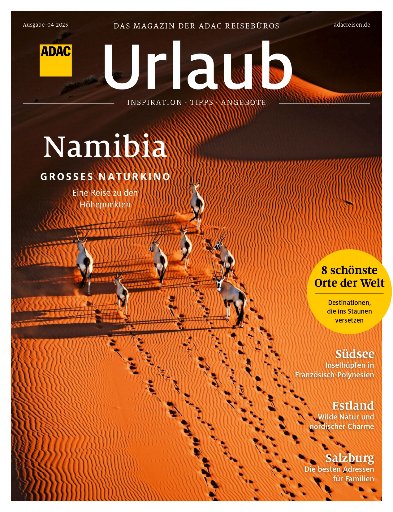 ADAC Magazincover mit Antilopen in Wüste, roter Sand, blauer Himmel, Text zu Namibia-Reisen.