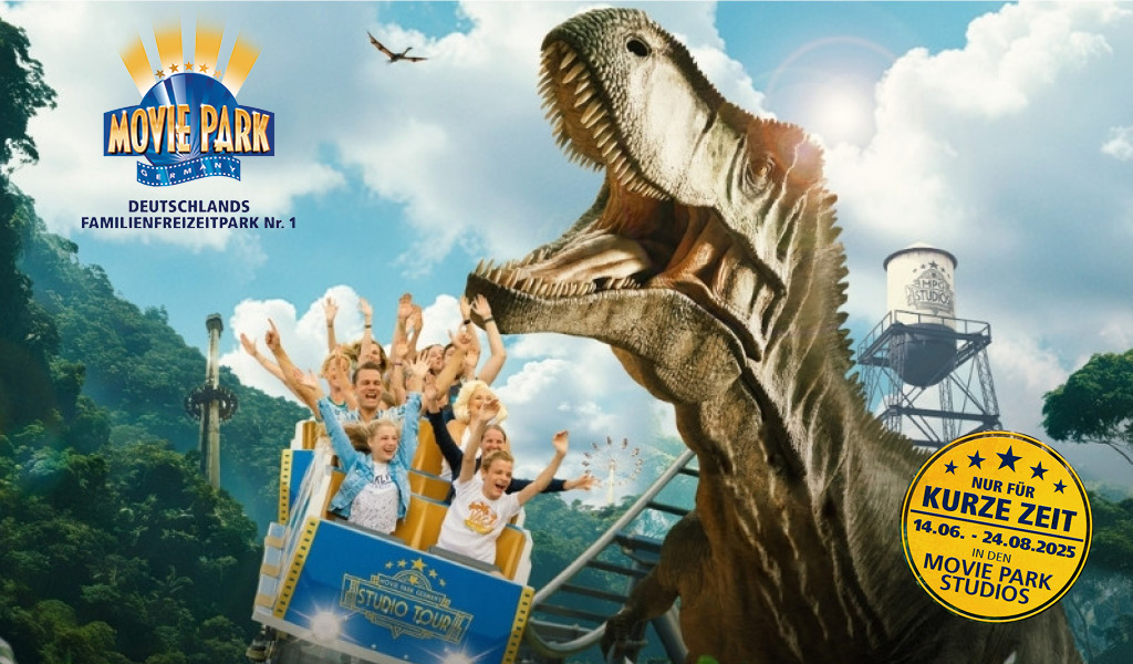 Fahrgeschäft im Movie Park mit Dinosaurier und lächelnden Besuchern; blaues und gelbes Farbschema.