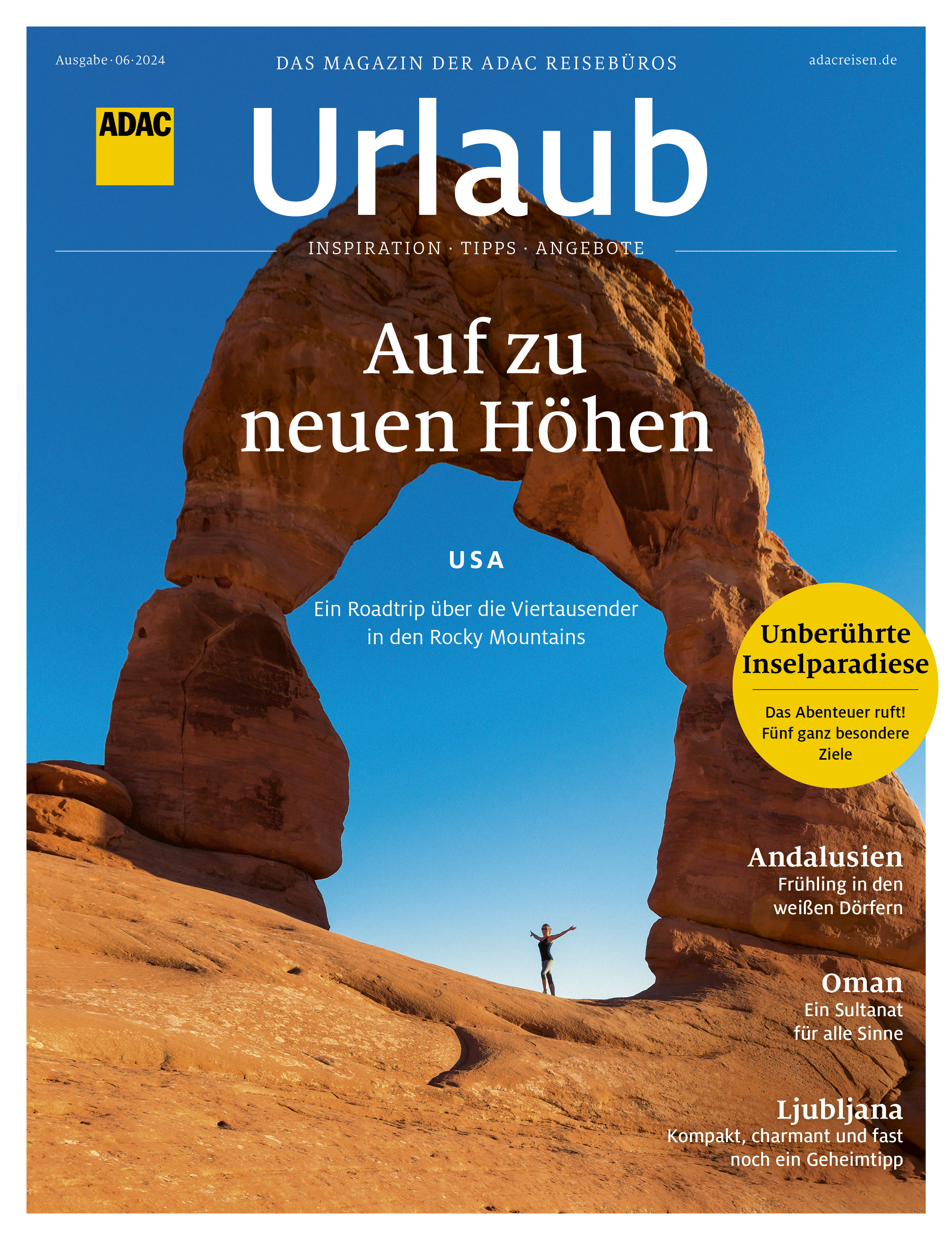 Titelbild eines Reisemagazins mit berühmtem Felsbogen und blauen Himmel in den USA.