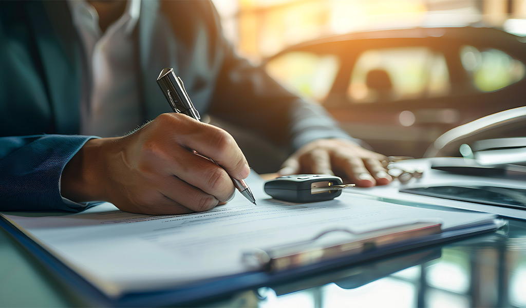 Person unterschreibt Dokument; blaue Kleidung; Autohintergrund; Fokus auf Hand und Stift.