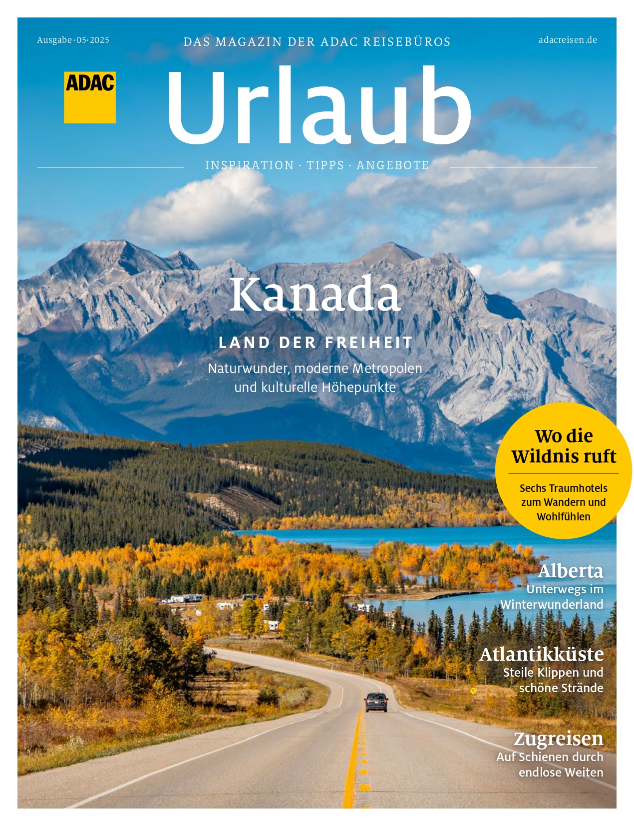 Magazincover mit Kanadabergen, herbstlichen Bäumen und einer Straße in der Mitte