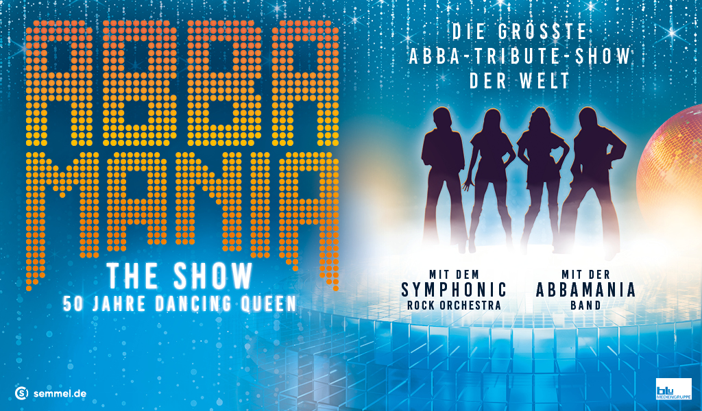Plakat von "ABBA Mania: The Show" mit Silhouetten, Sternenhimmel und buntem Text.