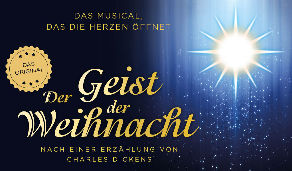 Ein blau-goldenes Poster bewirbt ein Musical basierend auf Charles Dickens.