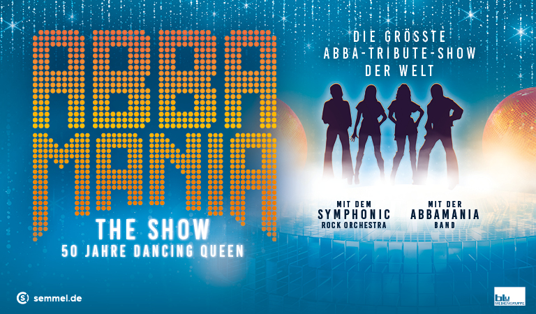 Poster zeigt silhouettierte ABBA-Band vor glitzerndem, blauem Hintergrund.