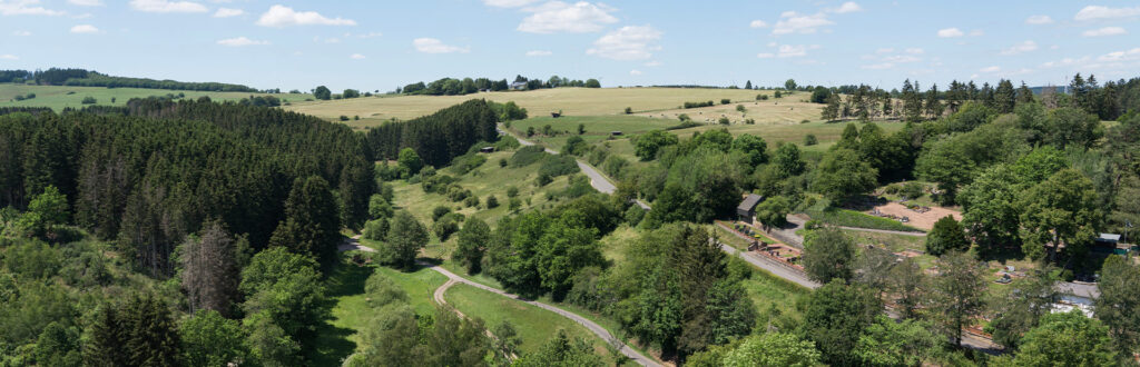 Panoramablick auf eine grüne, hügelige Landschaft mit Wäldern und Feldern.