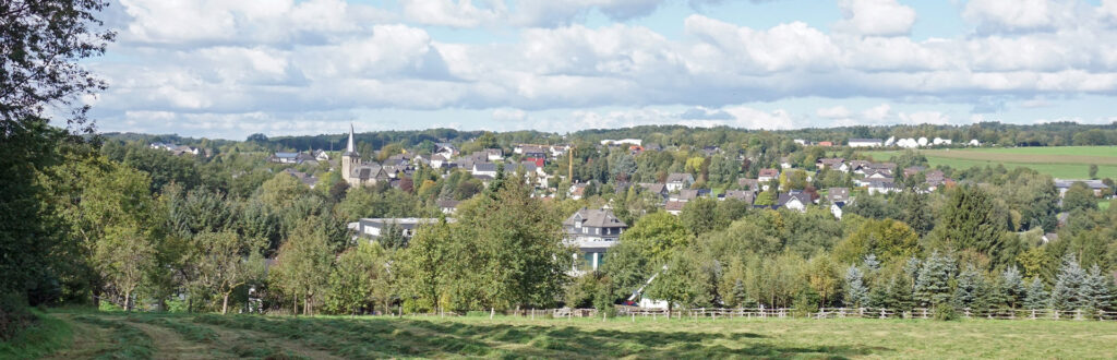 Eine malerische Landschaft mit einem Dorf und grünen Bäumen unter blauem Himmel