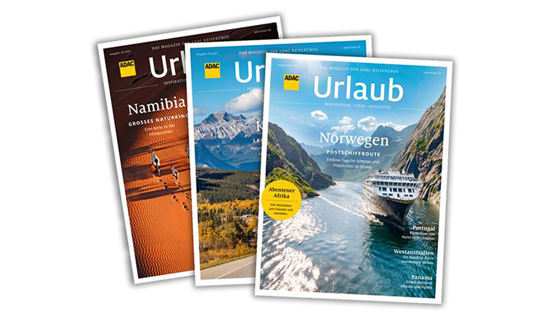 Drei ADAC Urlaub Magazine mit farbenfrohen Titeln und Reisemotiven nebeneinander