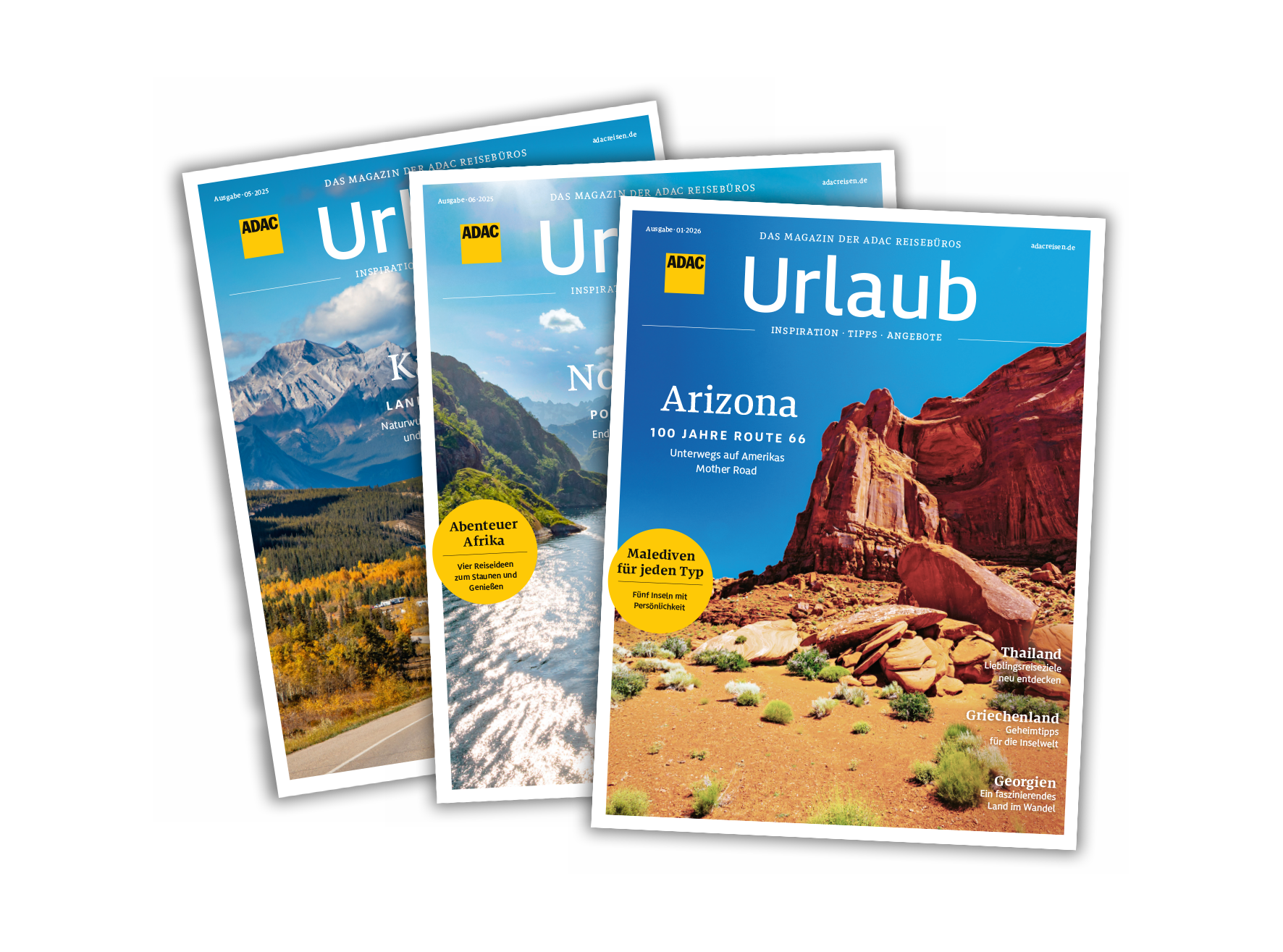 Drei ADAC Urlaubsmagazine mit farbenfrohen Landschaftsfotos aus Arizona und Kanada