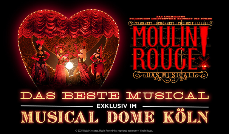 Drei Tänzerinnen in glamourösen roten Kostümen tanzen auf einer opulenten Bühne