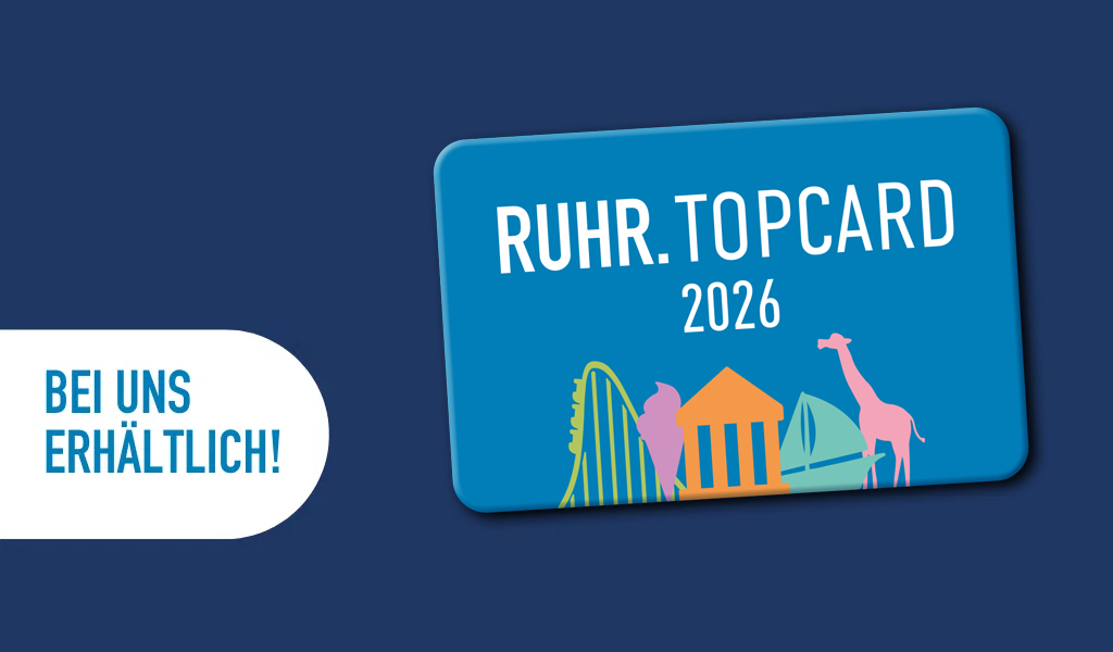 Eine blaue Karte mit weißer Schrift, bunten Tieren und Bauwerken vor dunklem Hintergrund