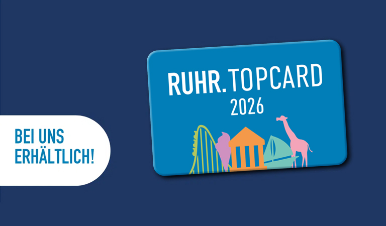 Eine blaue Ruhr Topcard 2026 mit bunten Silhouetten von Freizeitattraktionen