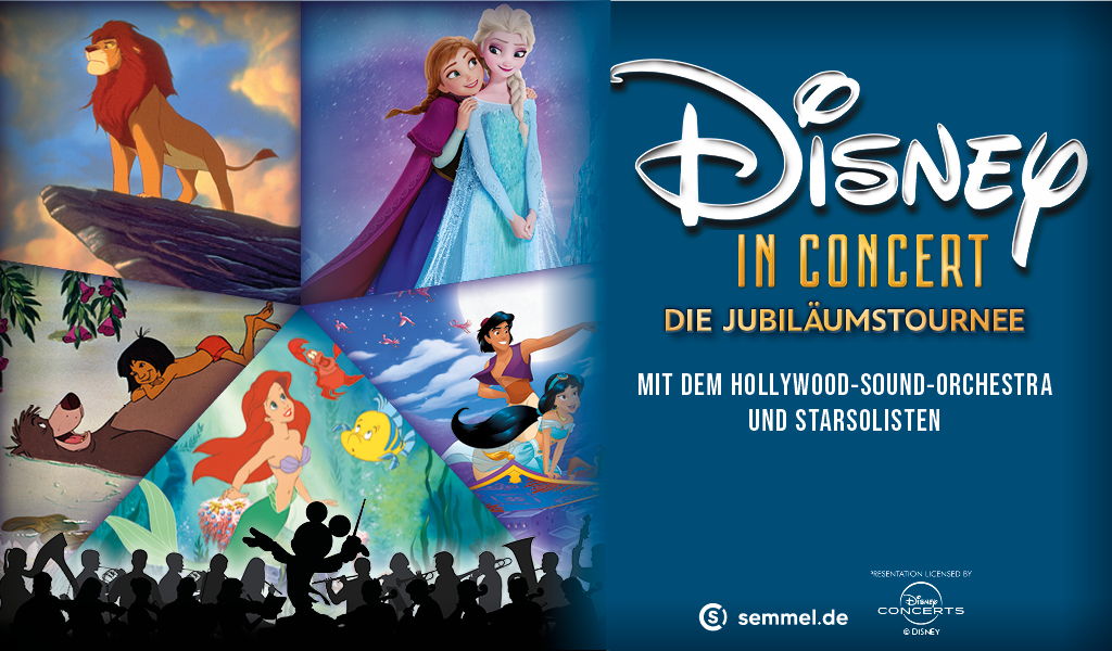 Mehrere bekannte Disney Figuren wie Simba, Elsa und Arielle lächeln freundlich vor buntem Hintergrund