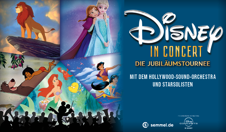 Mehrere Disney Figuren wie Simba, Elsa und Arielle lächeln in farbenfrohen Szenen