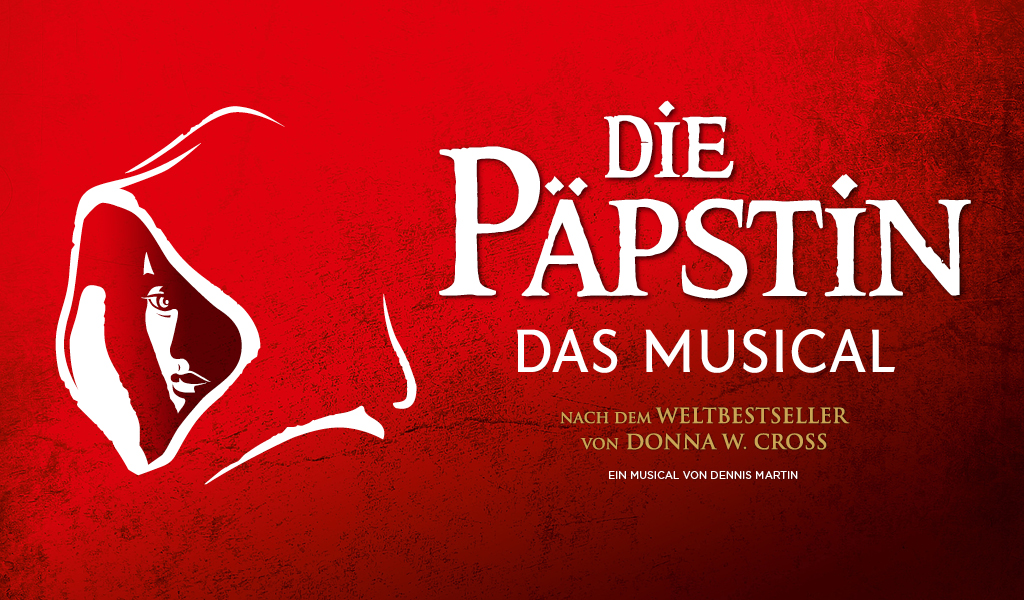 Rotes Plakat mit gezeichnetem Frauenporträt in Kapuze und Titel Die Päpstin in Gold