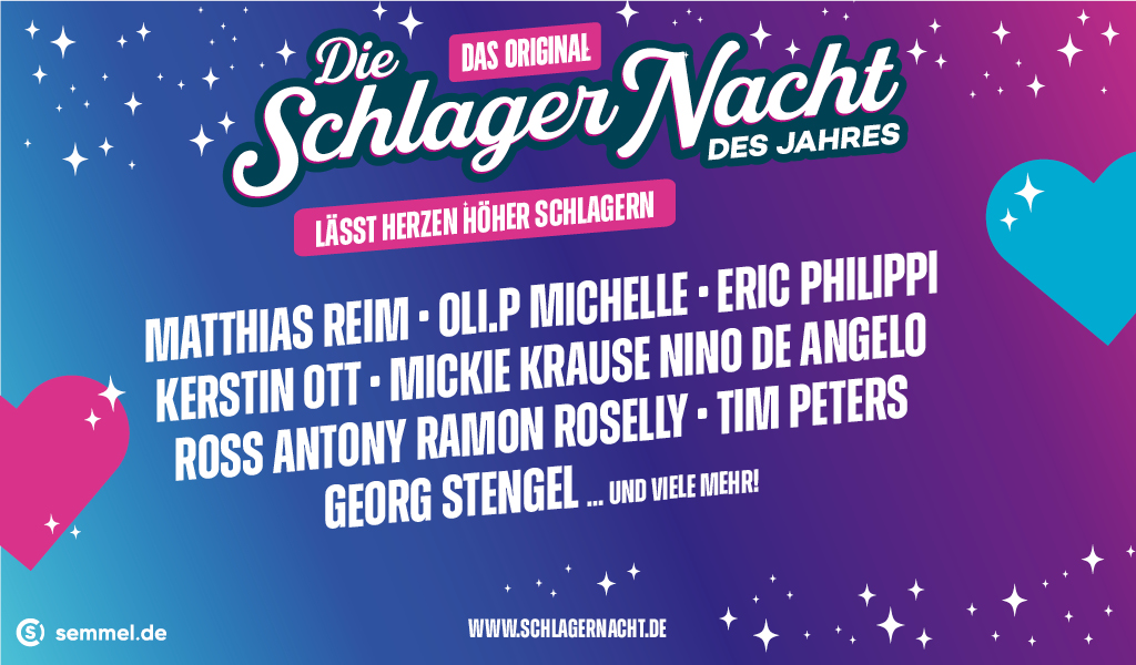 Buntes Schlager Nacht Plakat mit bekannten Künstlernamen und Herzen vor Farbverlauf