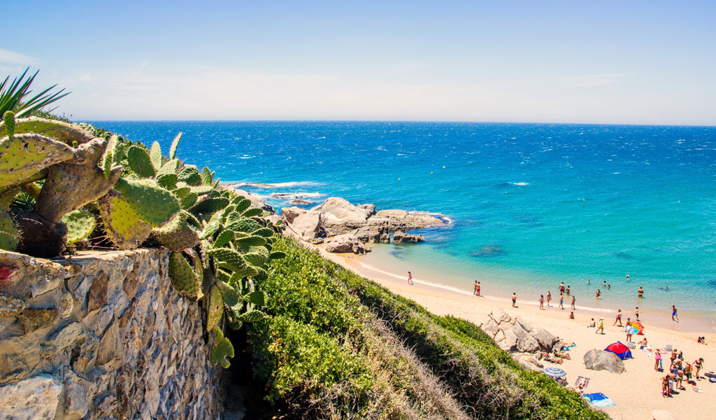 Bunte Häuser am Hang mit einer großen Kirche und blauem Himmel im Hintergrund